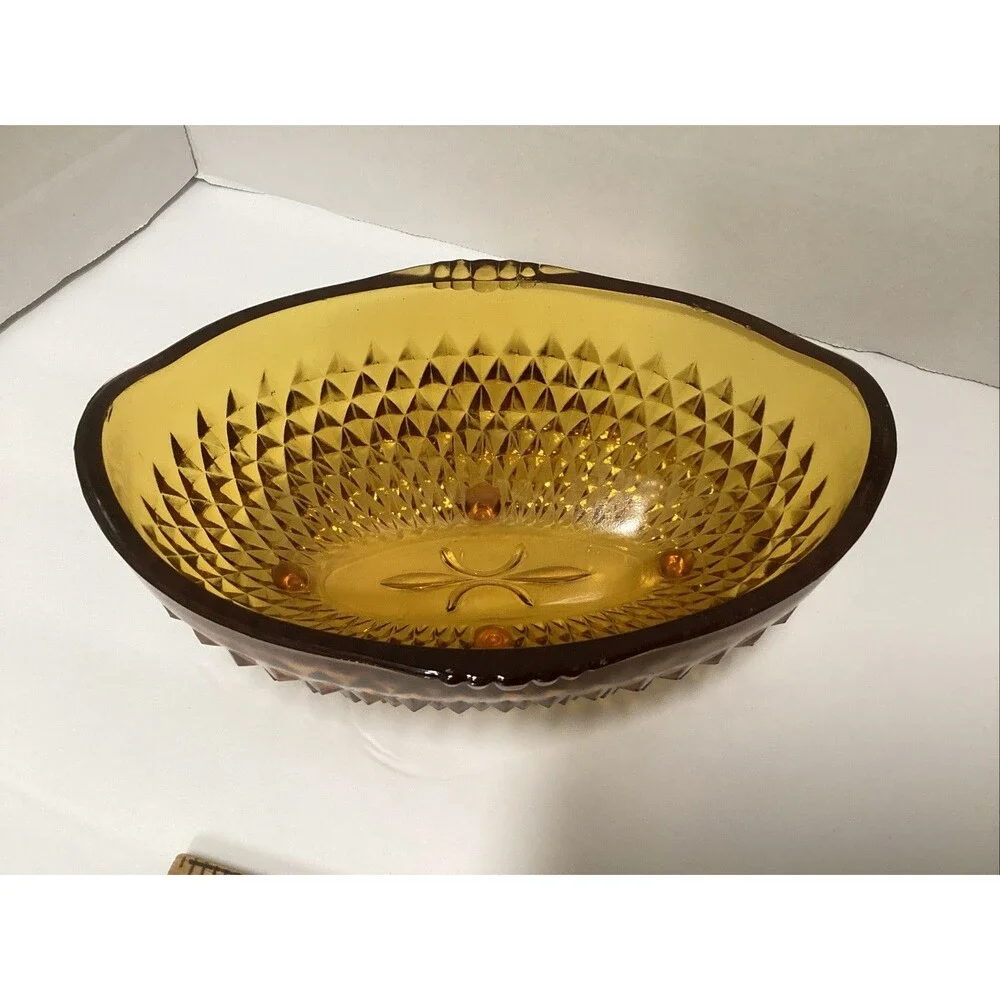 vintage Indiana glass amber -colored diamond point oval footed bowl